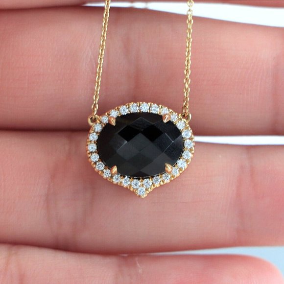Doves by Doron Gatsby 18k Yellow Gold Black Onyx Pave Diamond Pendant 18" - Picture 3 of 4